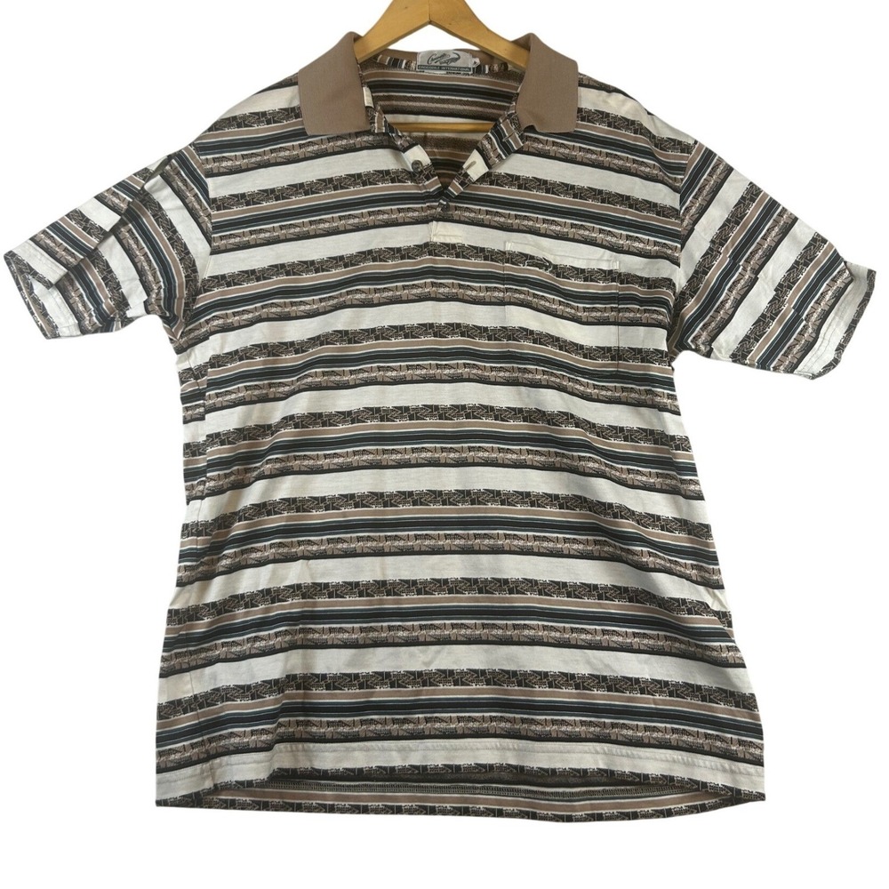 Crocodile Internatonal Mens Large Vintage Striped Polo Shirt Tan Brown Geometric